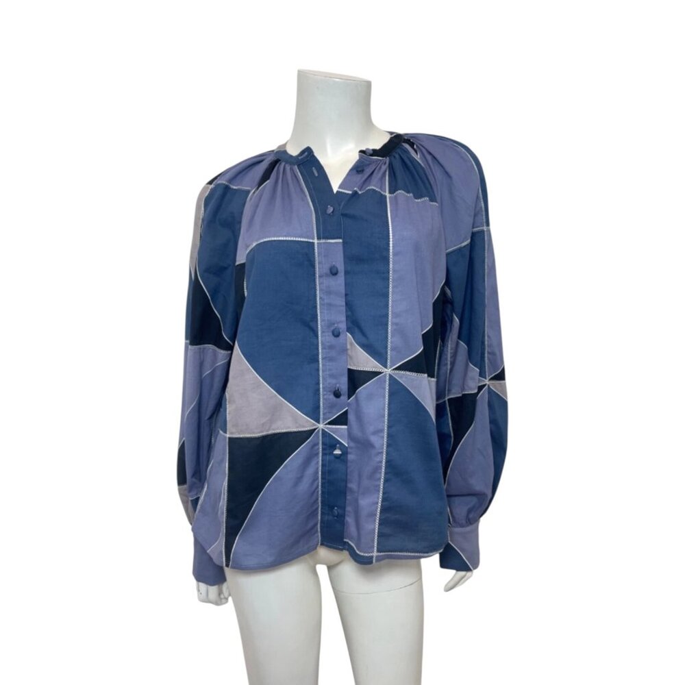 NWT SEZANE Lealys Shirt in Blue Patchwork Size FR 34/US 0